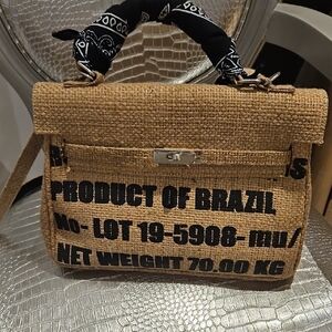 Brown Burlap Kelly Handbag with Black Print
